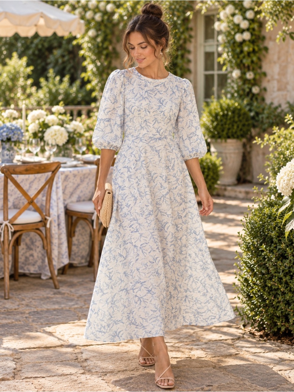 Mima Rosso | White and Blue Floral Dress w Puff Sleeves Size XS Cottagecore